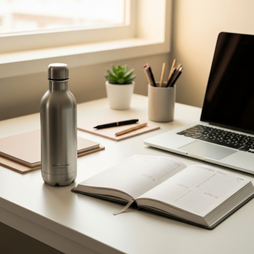 Flašica vode i bilježnica na radnom stolu